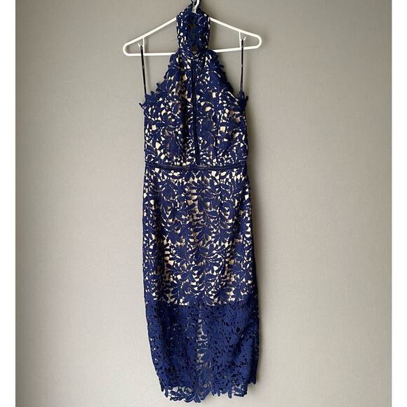 Lulu's sz S navy blue lace halter formal sheath cocktail dress Lulu's sz S navy blue lace halter formal sheath cocktail dress